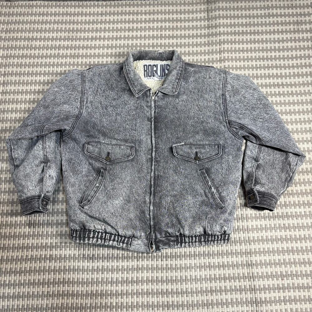 VTG Roglins Sherpa Lined Acid Wash Denim Bomber Jacket Men’s Size L
